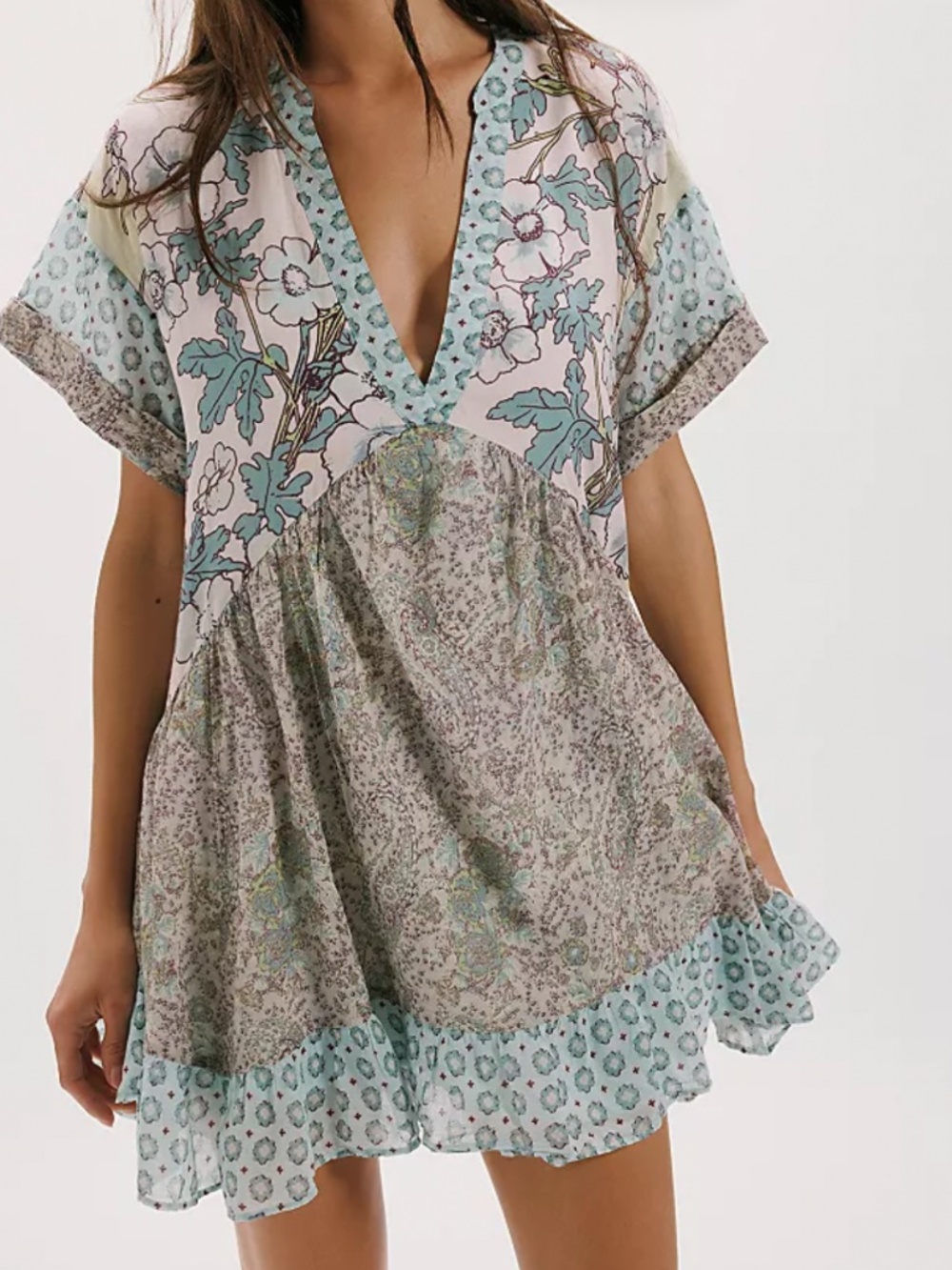 Free People Agnes Printed Mini Dress in Sage Combo Sz L NWOT $168R